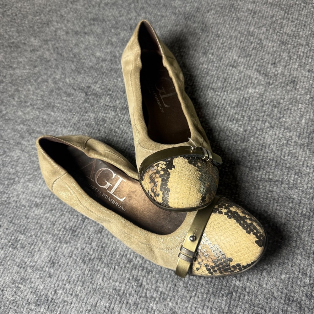 AGL Attilio Giusti Leombruni Women's Ballet Flats Suede Snakeskin Trim‎ Slip On